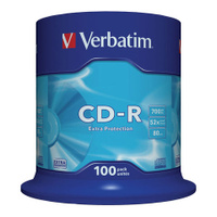 Диски CD-R VERBATIM 700 Mb 52х Cake Box упаковка на шпиле Комплект 100 шт. 43411