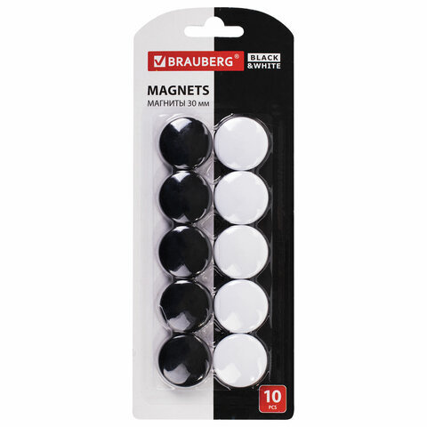 Магниты BRAUBERG BLACK&WHITE УСИЛЕННЫЕ 30 мм НАБОР 10 шт. черные/белые 237468