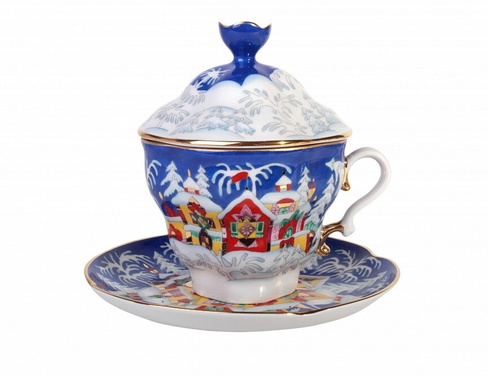 Чашка чайная с блюдцем и с крышкой, Зимняя сказка (Подарочная-2) 250 мл, Императорский фарфоровый завод (ЛФЗ) 81.14563.0