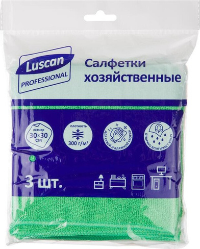 Товар для уборки Luscan Салфетки хозяйственные микрофибра 30х30 см 300 г/кв.м зеленые 3 штуки в упаковке