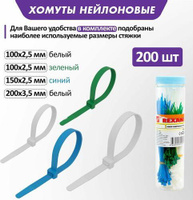 Кабельная стяжка Rexant Набор хомутов-стяжек нейлоновых 100, 150, 200 мм, цветные, НХ-1, тубус 200 шт., цена за 1 упак