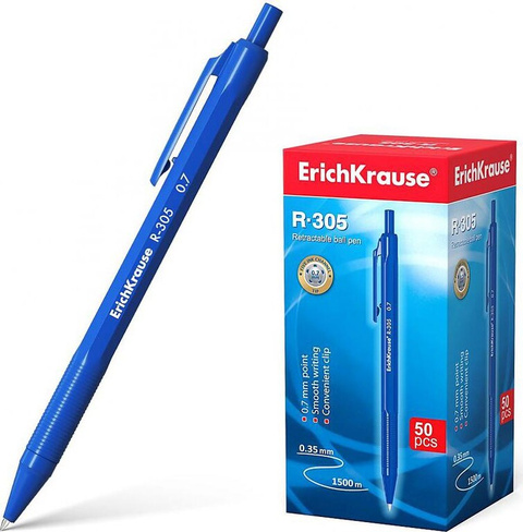 Ручка Erich Krause Ручка шариковая автоматическая "R-305", СИНЯЯ, корпус синий, узел 0,7 мм, линия письма 0,35 мм, 39055