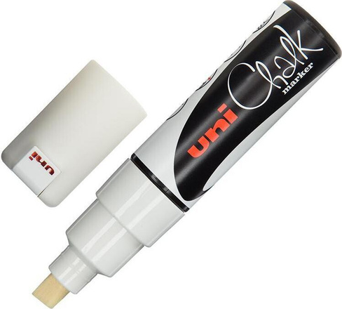 Маркер Uni Маркер меловой Chalk, 8 мм, БЕЛЫЙ, влагостираемый, для гладких поверхностей, PWE-8K WHITE