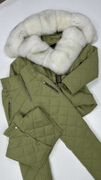 Оливковый зимний комплект до -35 градусов: теплые брюки и куртка-парка с мехом вуалевого песца - Без аксессуаров