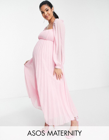 Нежно-розовое плиссированное платье миди с квадратным вырезом ASOS DESIGN Maternity Maternity