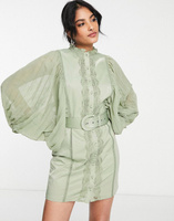 Мини-платье ASOS DESIGN с плиссированными рукавами и отделкой из гипюрового кружева ASOS DESIGN