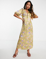 Разноцветное чайное платье миди с рюшами и размытой акварелью Topshop