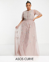 Розовое платье макси с жемчугом и цветочной вышивкой ASOS DESIGN Curve Bridesmaid