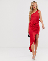 Красное атласное платье миди на одно плечо с драпировкой ASOS DESIGN