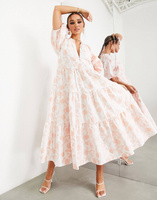 Многоярусное жаккардовое платье миди с розовым цветочным принтом ASOS EDITION