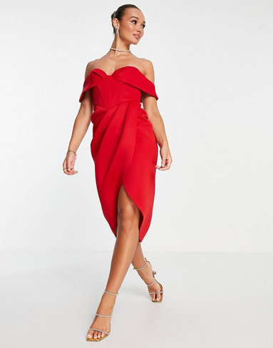 Красное корсетное платье миди с открытыми плечами ASOS DESIGN