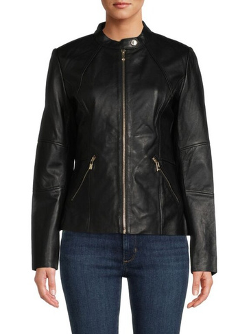 Кожаная мотоциклетная куртка Karl Lagerfeld Paris цвета мандарин, черный