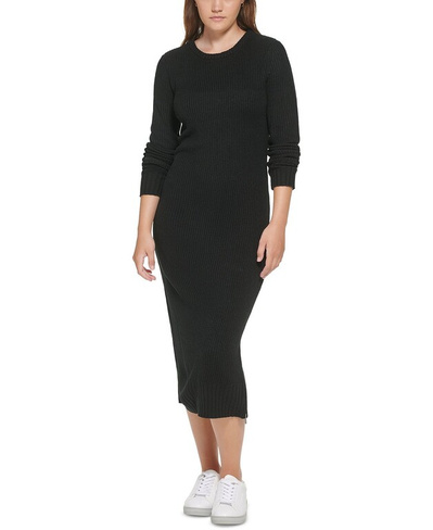 Женское платье в рубчик с круглым вырезом и длинными рукавами с боковыми разрезами Calvin Klein Jeans, черный