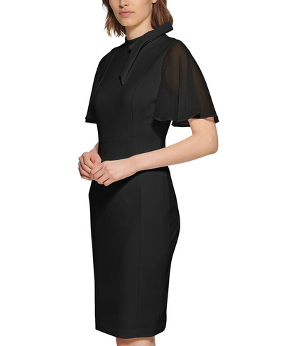 Шифоновое платье-футляр с завязками на шее и рукавами-крылышками Calvin Klein, черный