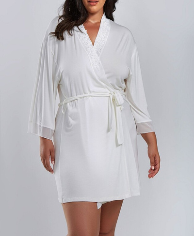 Кружевной халат больших размеров cecily с рукавами с сетчатой ​​отделкой и завязками на поясе iCollection, белый