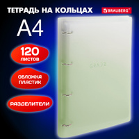 Тетрадь на кольцах большая 305х235 мм А4, 120 л., пластик, с разделителями, BRAUBERG, зеленый, 404625