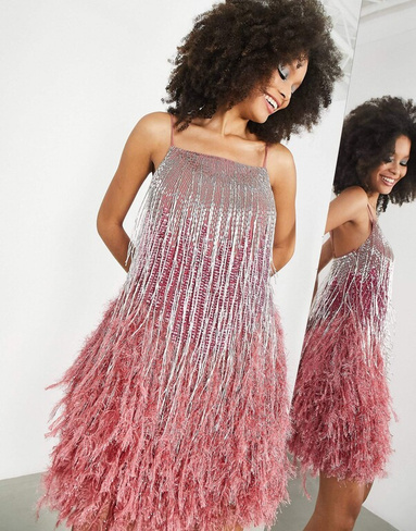 Платье мини Asos Edition Beaded Fringe Cami With Faux Feather Hem, розовый