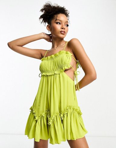 Атласное мини-платье мини со сборками на груди, завязками и вырезом ASOS DESIGN светло-зеленого цвета