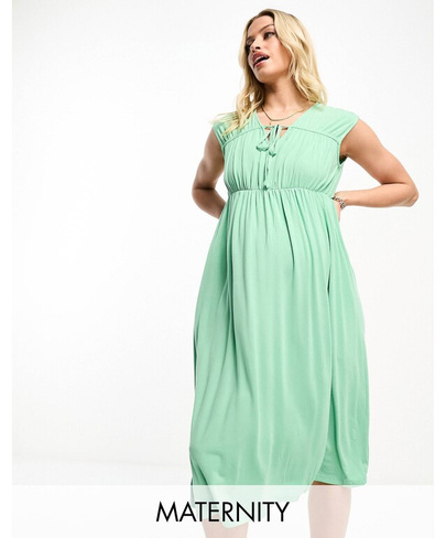 Зеленое платье макси без рукавов со сборками на лифе Mamalicious Maternity Mama.licious
