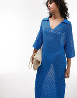 Синее трикотажное платье-поло макси с отстрочкой Topshop