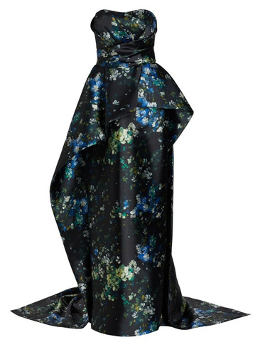 Платье со шлейфом Mikado с баской и цветочным принтом Amsale, синий