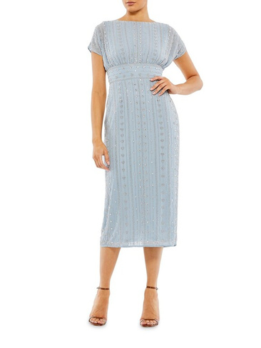 Сетчатое платье-миди с вышивкой бисером Mac Duggal, синий