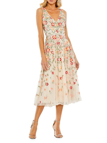 Коктейльное платье миди с цветочной вышивкой и V-образным вырезом Mac Duggal, белый