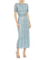 Коктейльное миди-платье с геометрической вышивкой и бусинами Mac Duggal, синий