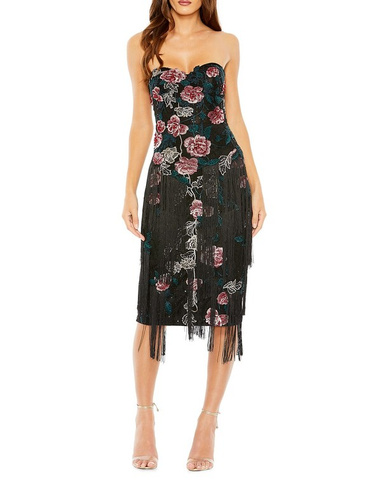Жаккардовое платье без бретелек с бахромой и цветочным принтом Mac Duggal, черный
