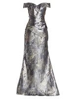 Жаккардовое платье силуэта «русалка» с открытыми плечами Rene Ruiz Collection, серебряный