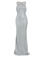 Расшитое бисером платье с пайетками и хомутом на спине Teri Jon by Rickie Freeman, платиновый