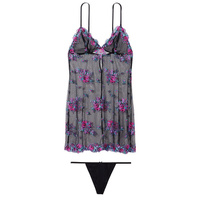 Комплект белья Victoria's Secret Rose Embroidery Sheer Slip, черный/голубой/розовый